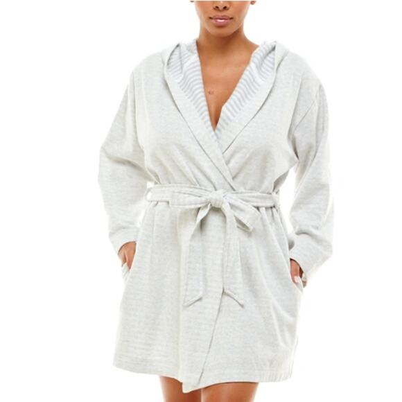 ROUDELAIN WOMENS XLARGE COZY ROBE DOLMAN-SLEEVE HOODED SHORT GREY STRIPE NEW! - Picture 1 of 15